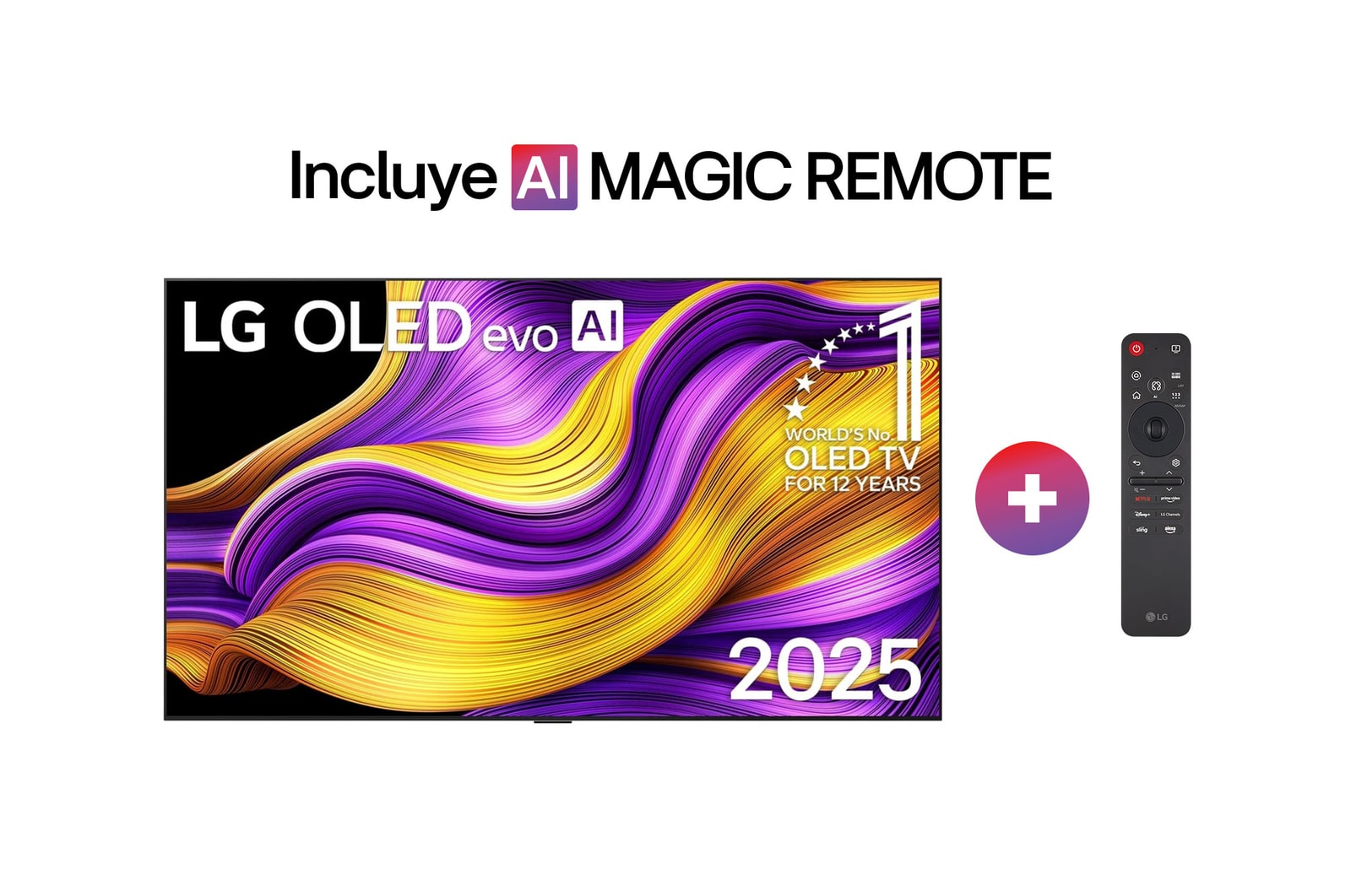 Front view of LG OLED evo AI G5 4K Smart TV. 12 Years of world number 1 OLED emblem and LG OLED evo AI 2025 logo are on the screen.